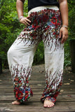 White FLORAL Women Boho Pants Hippie Pants Yoga Pants