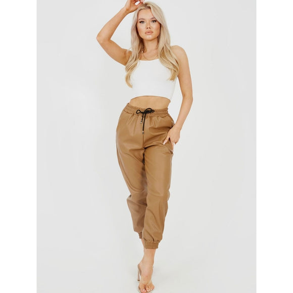 Faux Leather PU Joggers - Camel