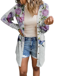 Printed Button Up Long Sleeve Cardigan