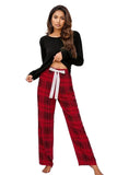 Round Neck Long Sleeve Top and Bow Plaid Pants Lounge Set