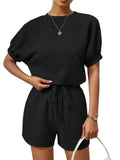 Waffle-Knit Round Neck T-Shirt and Pocketed Shorts Lounge Set