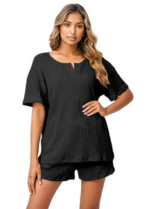 Notched Short Sleeve and Shorts Lounge Set