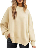 Round Neck Drop Shoulder Slit Sweater