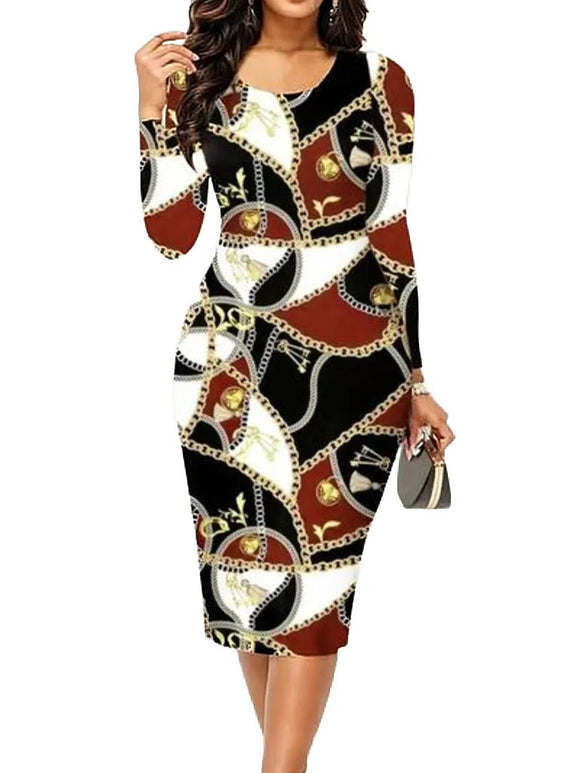 Printed Round Neck Long Sleeve Midi Dress