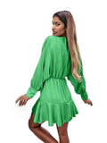 Surplice Ruffle Hem Lantern Sleeve Mini Dress