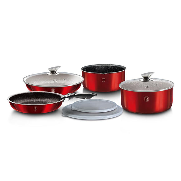 9-Pieces Cookware Set w/ Detached Ergonomic Handle Burgundy Collection