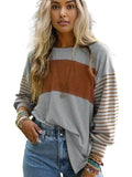 Round Neck Striped Long Sleeve Slit T-Shirt