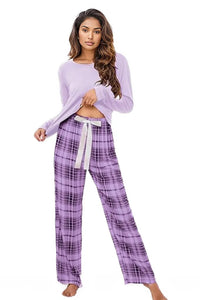 Round Neck Long Sleeve Top and Bow Plaid Pants Lounge Set