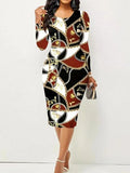 Printed Round Neck Long Sleeve Midi Dress