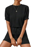 Waffle-Knit Round Neck T-Shirt and Pocketed Shorts Lounge Set