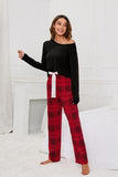 Round Neck Long Sleeve Top and Bow Plaid Pants Lounge Set