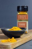 Pride of India – Natural Turmeric Ground – Traditional Indian Spice – Pantry Essential – Curcumin Rich and Gourmet – Ideal for Curries/Lentil/Meat/Pilaf – Easy to Use – 2.6 oz. Small Dual Sifter Jar