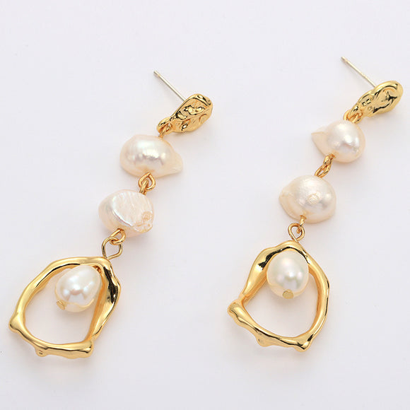 Europe and the United States fashion metal gold geometric long freshwater pearl earrings s925 silver needle earrings