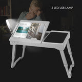 Foldable Laptop Table Bed Notebook Desk with Cooling Fan Mouse Board LED light 4 xUSB Ports Breakfast Snacking Tray