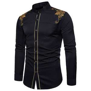 Mens Casual Shirts Slim Fit Long Sleeve Button Down Dress Shirts Tops with Embroidery