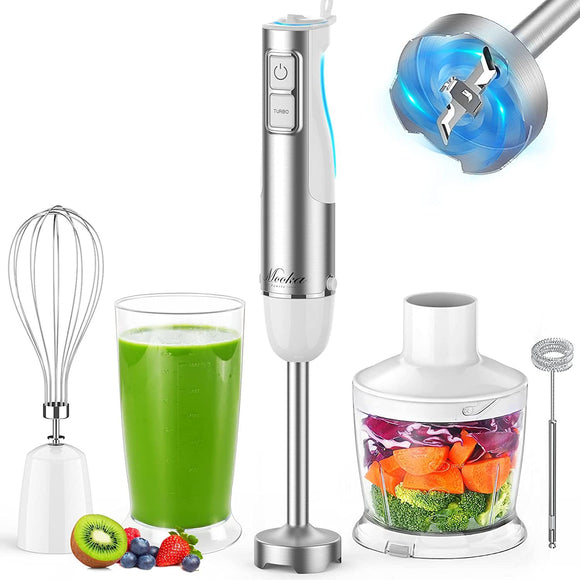 Hand Blender, 5 in 1 Multi-Purpose Immersion Blender set, 1100 watts 12 Adjustable Speed Stick Blender, 600ml Beaker, 500ml Food Processor Container, Egg Whisk, Milk Frother, White