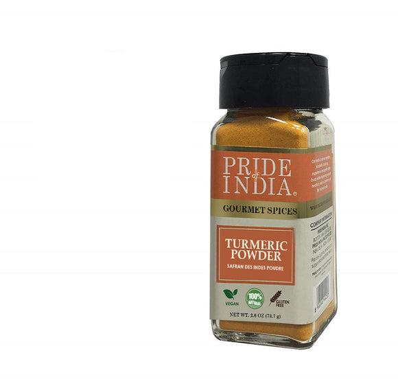 Pride of India – Natural Turmeric Ground – Traditional Indian Spice – Pantry Essential – Curcumin Rich and Gourmet – Ideal for Curries/Lentil/Meat/Pilaf – Easy to Use – 2.6 oz. Small Dual Sifter Jar