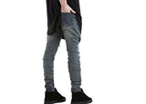 Mens Jeans Distressed Ripped Biker Slim Fit Jeans Moto Retro Denim Pants