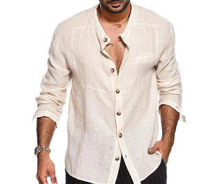 Mens Long Sleeve Shirt Band Collar Linen Lightweight Shirts