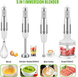 Hand Blender, 5 in 1 Multi-Purpose Immersion Blender set, 1100 watts 12 Adjustable Speed Stick Blender, 600ml Beaker, 500ml Food Processor Container, Egg Whisk, Milk Frother, White