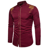 Mens Casual Shirts Slim Fit Long Sleeve Button Down Dress Shirts Tops with Embroidery