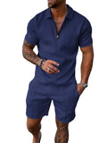 Mens Short Sleeve Casual Polo Shirt and Shorts Sets Two Piece Summer Outfits Zip Polo Tracksuit Set for Men S-XXL