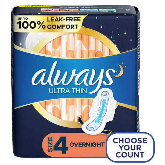 Always Ultra Thin Overnight Pads with Wings;  Size 4 Overnight 36 Count