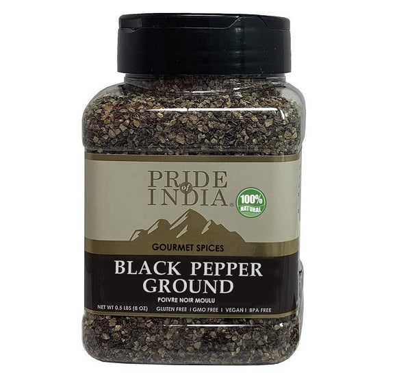 Pride of India – Black Pepper Ground – Ideal for Gourmet Dishes/ Soups/ Stews/ Rubs – Fresh & Preservatives Free – Warming Spice – Easy to Store – 8oz. Medium Dual Sifter Jar