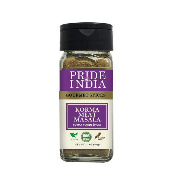 Pride of India – Korma Meat Masala Mix – Ideal for Traditional Meat/Lamb Curry – Gourmet & Flavorful – Seasoning Spice Blend – Easy to Use - 1.7 oz. Small Dual Sifter Bottle