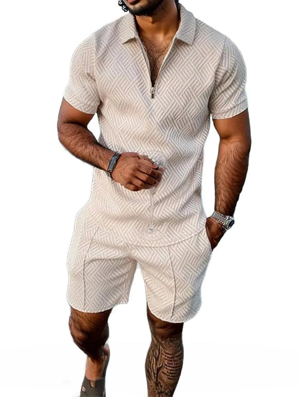 Mens Short Sleeve Casual Polo Shirt and Shorts Sets Two Piece Summer Outfits Zip Polo Tracksuit Set for Men S-XXL