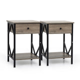 Set of 2 Nightstand Industrial End Table with Drawer;  Storage Shelf and Metal Frame for Living Room;  Bedroom;  XH