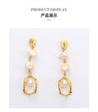 Europe and the United States fashion metal gold geometric long freshwater pearl earrings s925 silver needle earrings