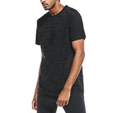 Mens Hipster Hip Hop Long Drop Tail T Shirts Hemline Hole Crewneck Tees