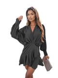 Surplice Ruffle Hem Lantern Sleeve Mini Dress